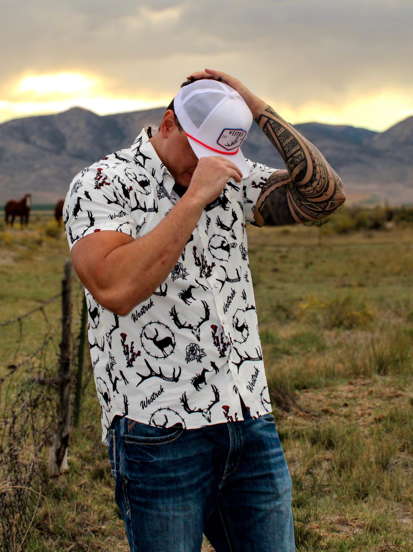 White “Indian Paintbrush with Deer Antler” Trucker Hat – Hand-Drawn Logo | Western Hunting Hat | Westrek