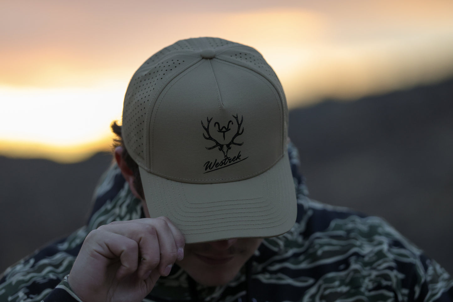 Tan WT Elk Skull “The Taser” Laser Mesh Trucker Hat – Hand-Drawn Elk Skull Logo | Western Hunting Hat | Westrek