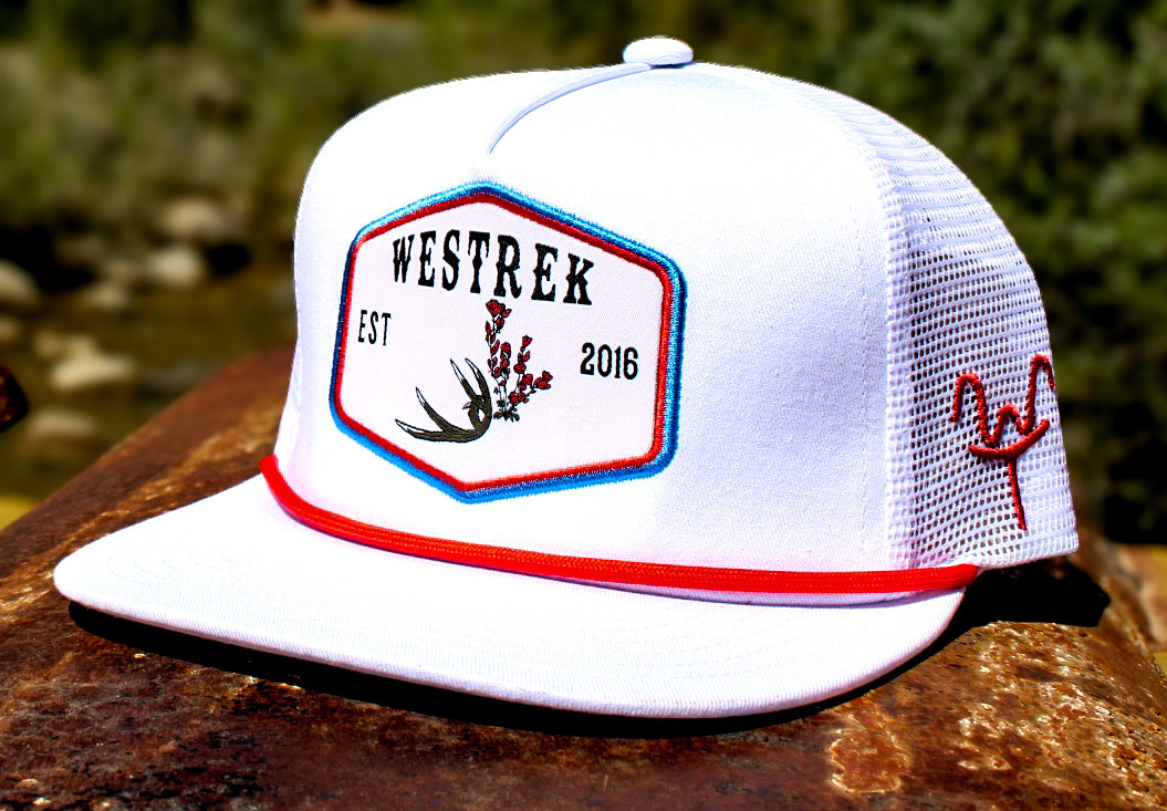 White “Indian Paintbrush with Deer Antler” Trucker Hat – Hand-Drawn Logo | Western Hunting Hat | Westrek