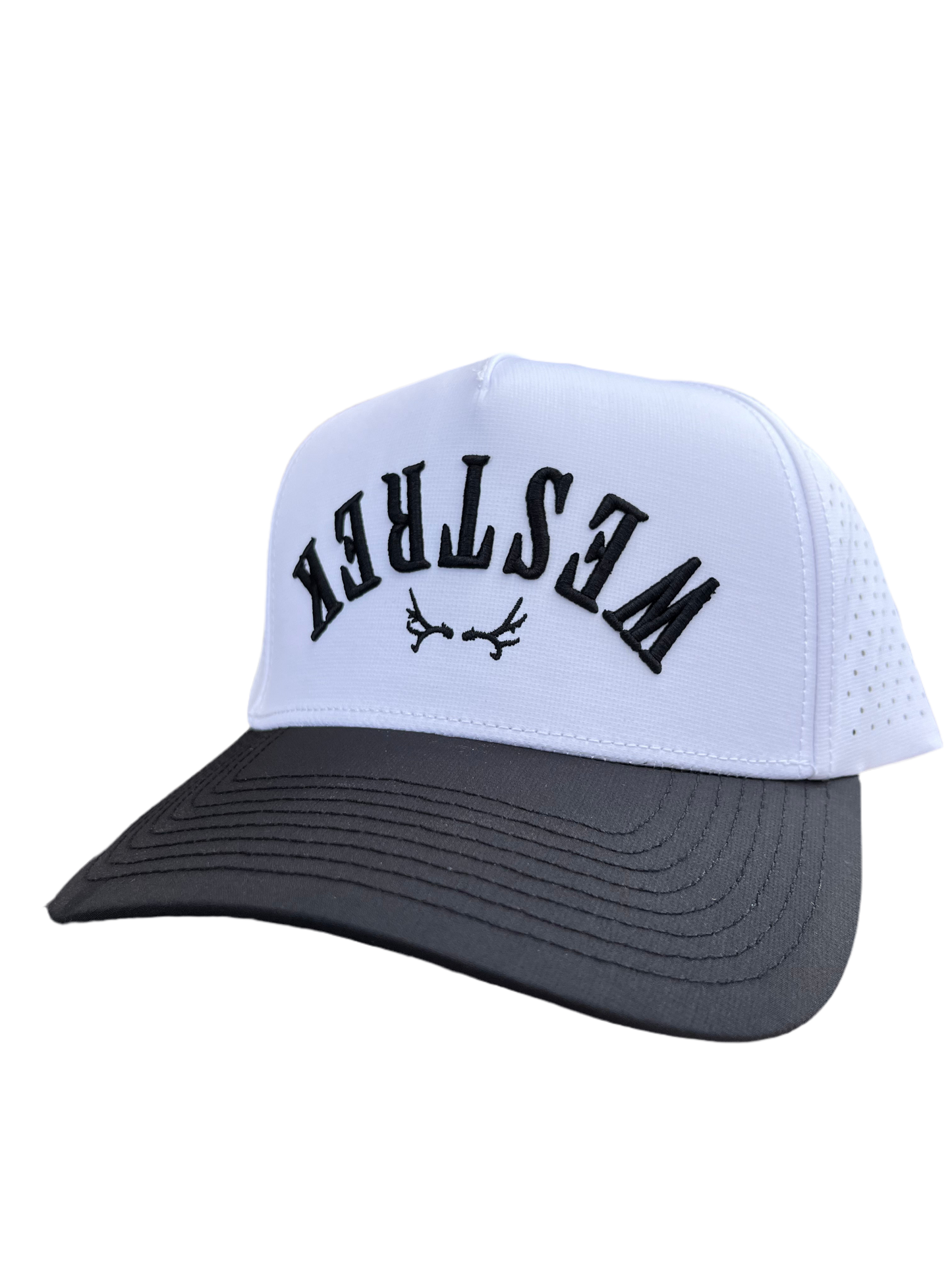 Upside down Westrek black and white trucker hat