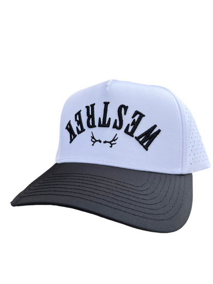 Upside down Westrek black and white trucker hat